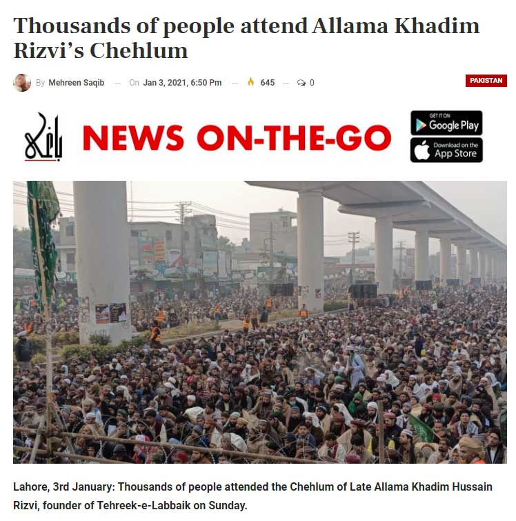 Thousands of people attend Allama Khadim Rizvi’s Chehlum