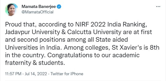 Proud that, according to NIRF 2022 India Ranking, Jadavpur University & Calcutta University are at first and second positions among all State aided Universities in India. Among colleges, St Xavier's is 8th in the country. Congratulations to our academic fraternity & students.