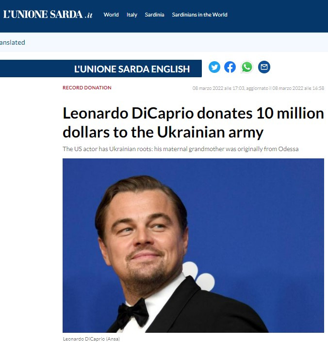 Leonardo DiCaprio donates 10 million dollars to the Ukrainian army
