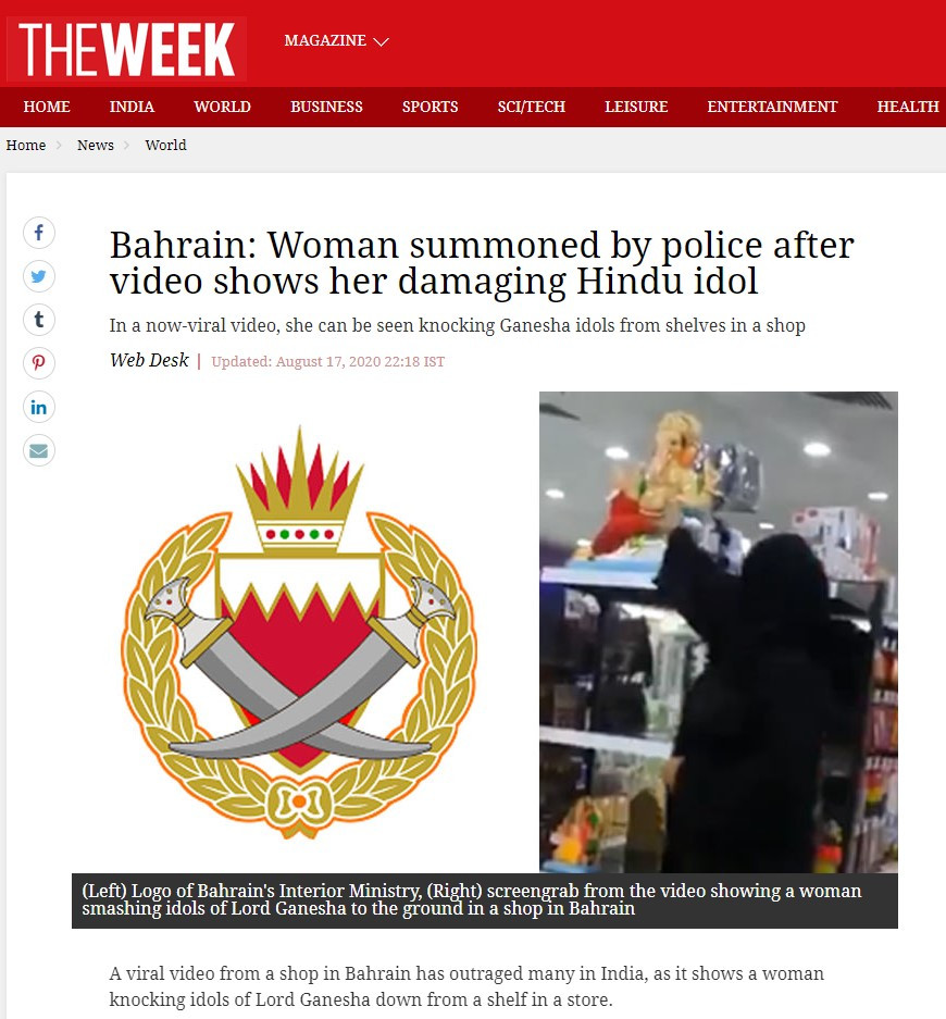 Bahrain: Woman summoned by police after video shows her damaging Hindu idol 