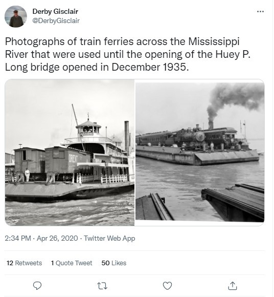 Photographs of train ferries across the Mississippi River that were used until the opening of the Huey P. Long bridge opened in December 1935