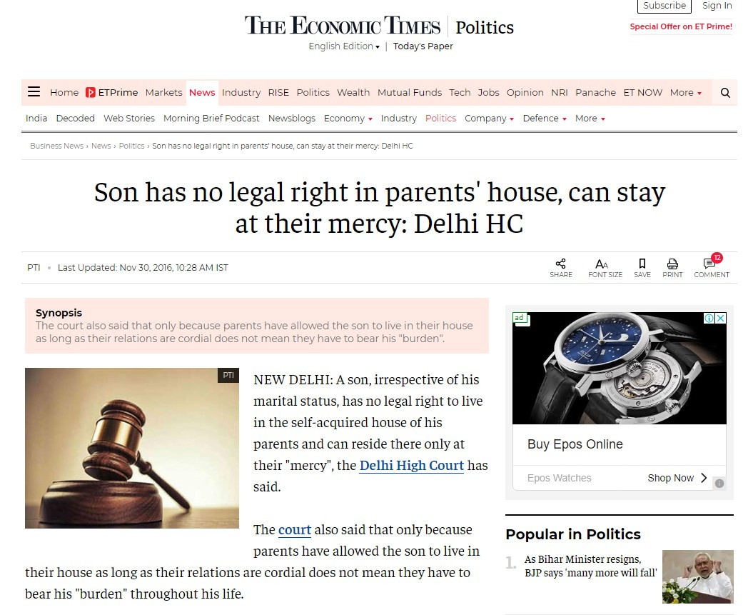 Son has no legal right in parent’s house, can stay at their mercy: Delhi High Court