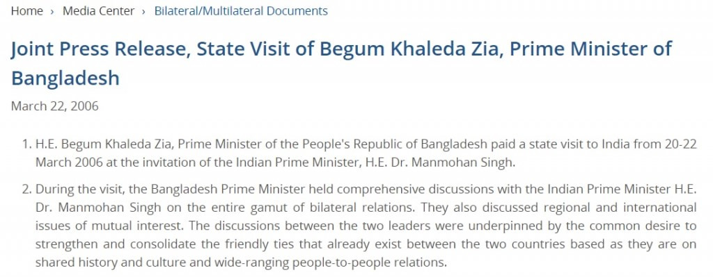 Joint Press Release, State Visit of Begum Khaleda Zia, Prime Minister of Bangladesh