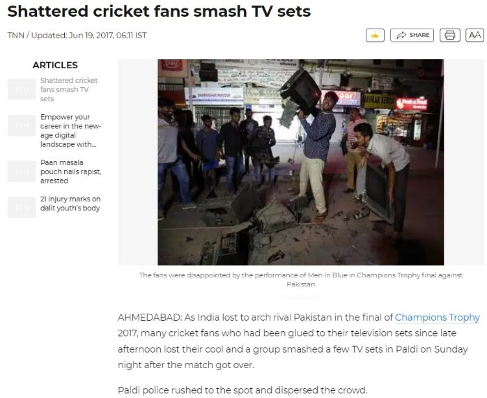 This picture of Indian cricket fans vandalizing the TV